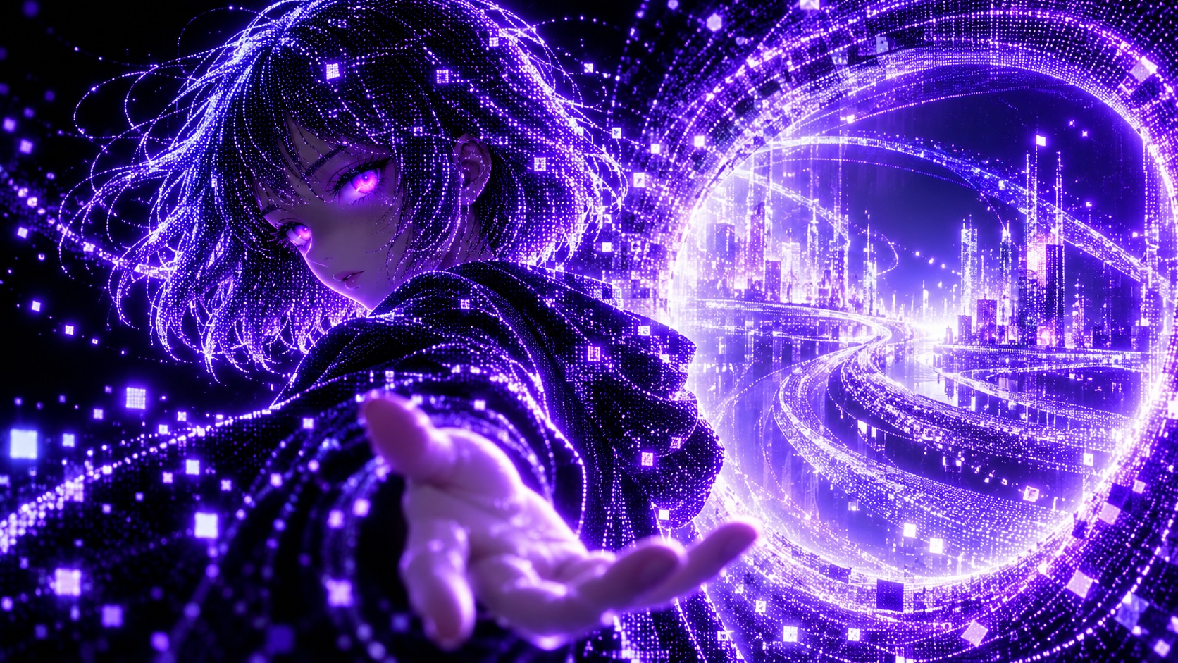 Fomo Chan reaching toward the viewer beside a radiant data portal
